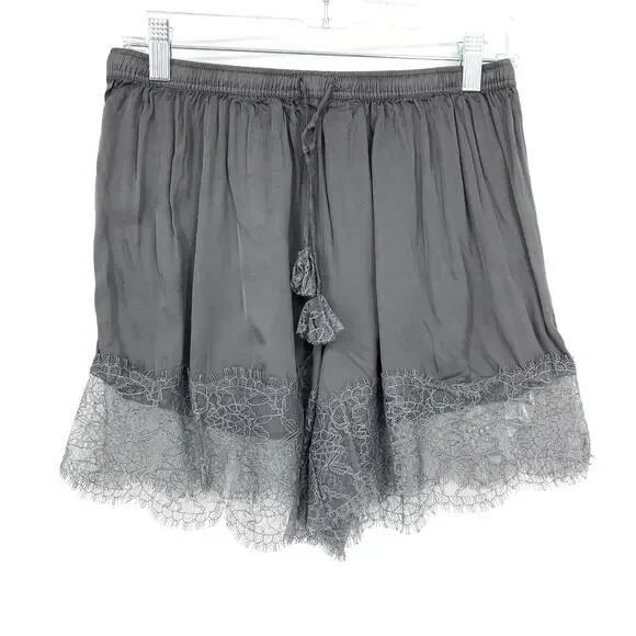 By Anthropologie Satin + Lace Pajama Set Cropped Top W/Shorts Gray Size Medium - Picture 2 of 13